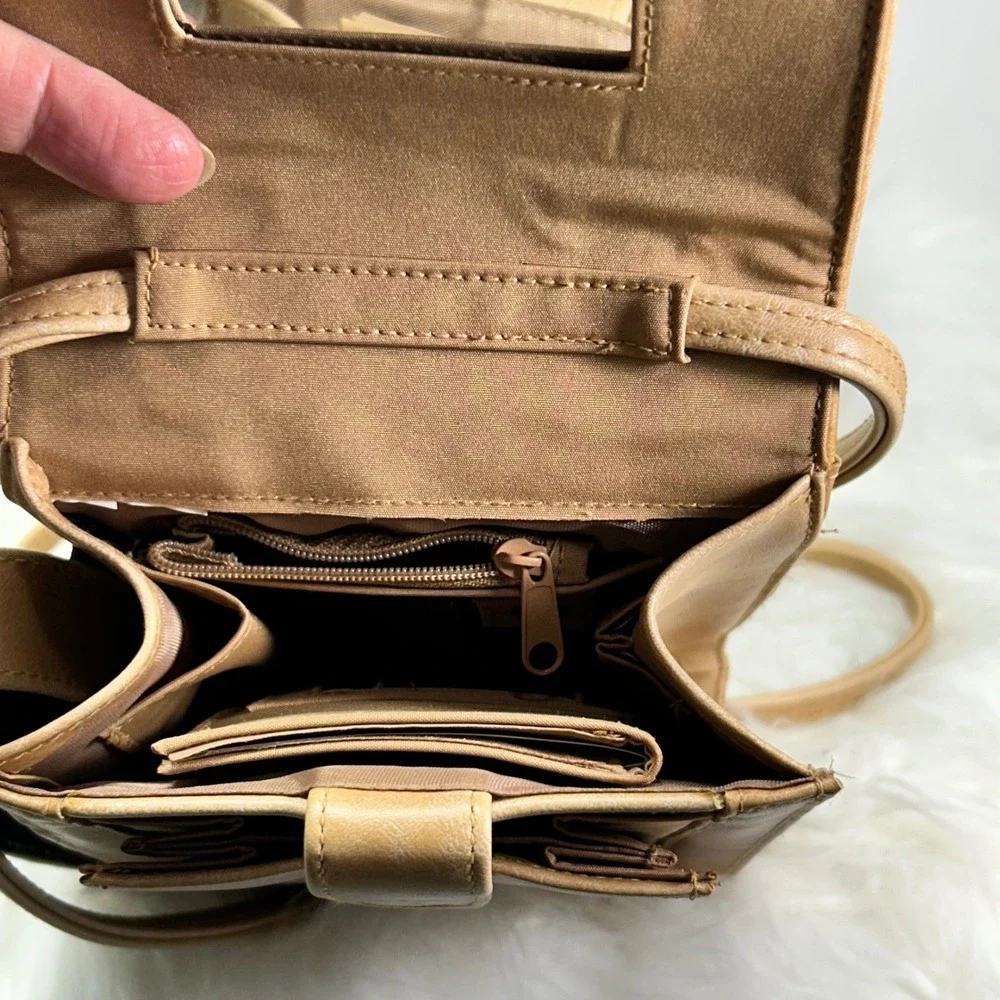 Tan Leather Crossbody Phone Bag‎ Small Shoulder Purse with Mirror